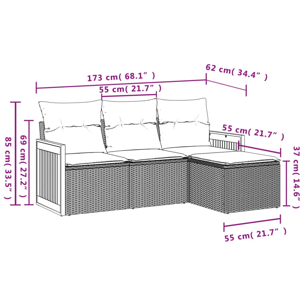 vidaXL 4-Piece Poly Rattan Lounge Set with Cushions Black