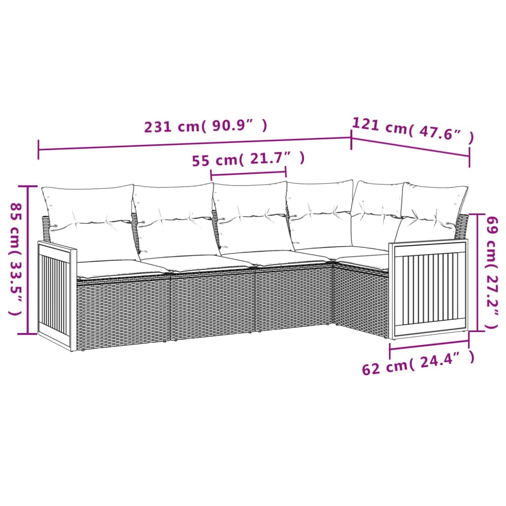 vidaXL ensemble de 5 banques de jardin avec coussins en polyrotan noir