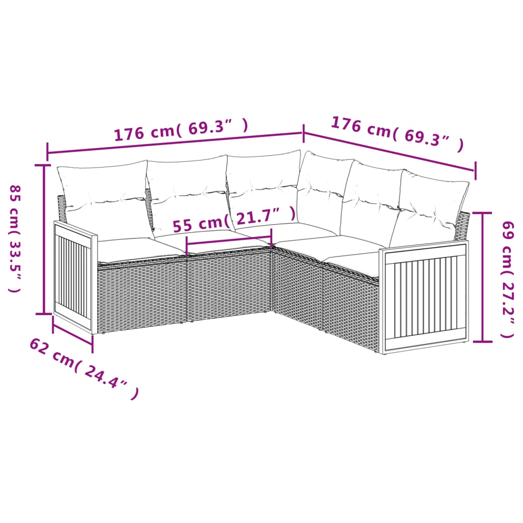 vidaXL 5-piece Garden Sofa Set with Cushions Black Poly Rattan