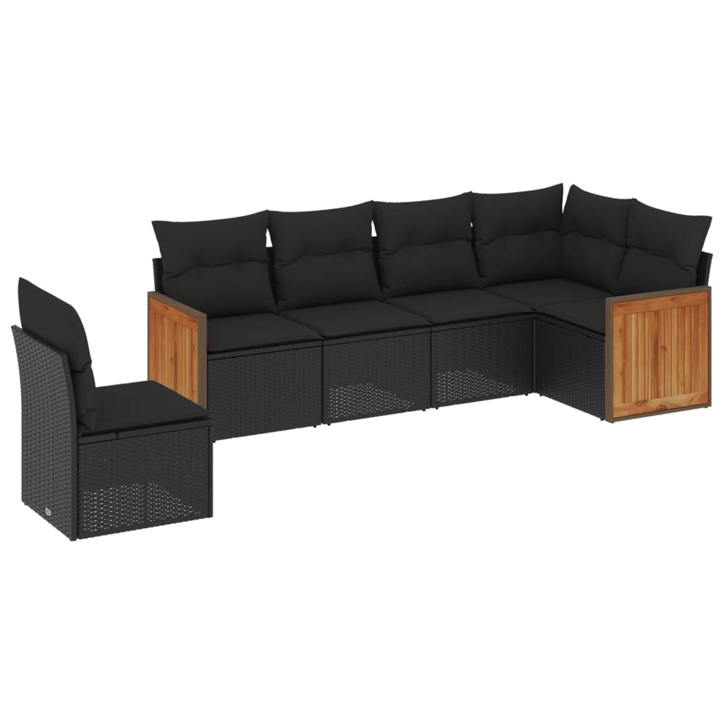 vidaXL Ensemble de salon 6 personnes avec coussins en poly rotin noir