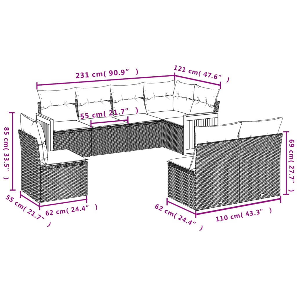 vidaXL 8-piece Lounge Set with Cushions Poly Rattan Black