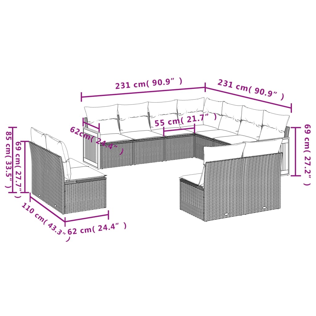 vidaXL 11-delige Loungeset met kussens poly rattan zwart