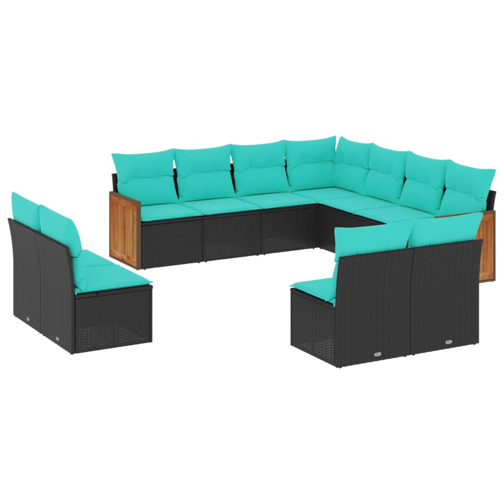 vidaXL 11-Piece Garden Lounge Set with Cushions, Black Poly Rattan