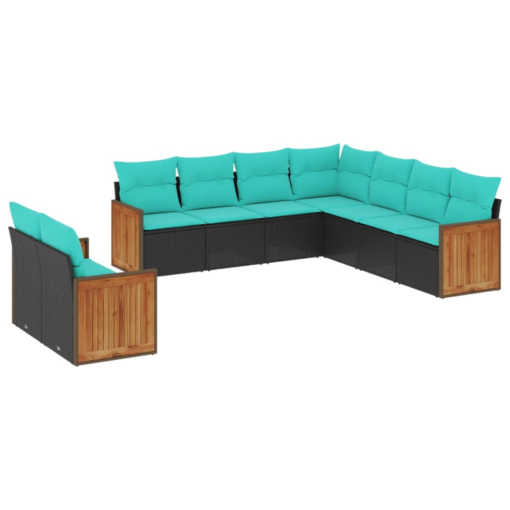vidaXL 9-piece Garden Sofa Set with Cushions Black Poly Rattan