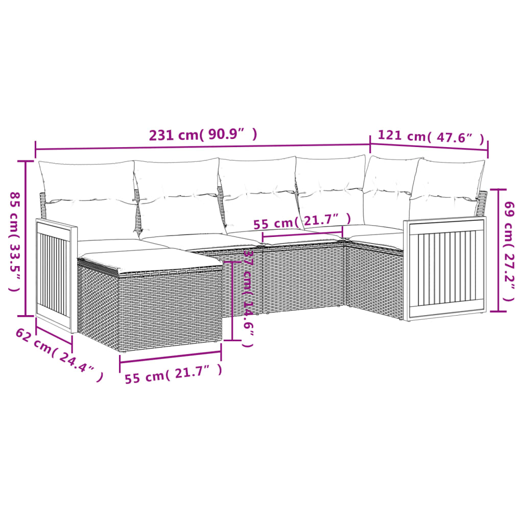 vidaXL ensemble de 6 bancs de jardin avec coussins en polyrotan noir