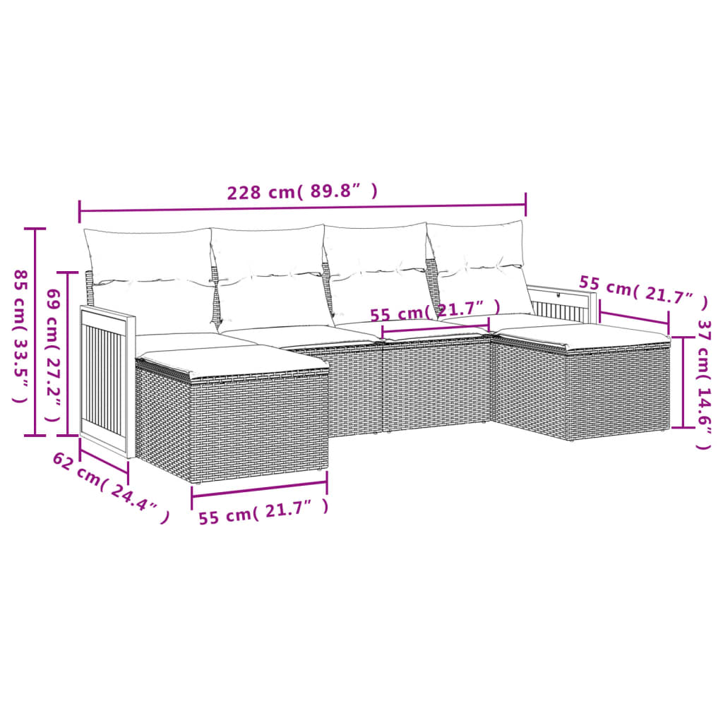 vidaXL ensemble de 6 bancs de jardin avec coussins en polyrotan noir