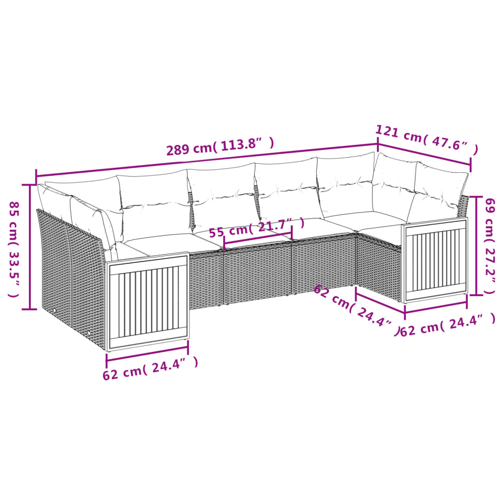 vidaXL 7-delige Loungeset met kussens poly rattan zwart