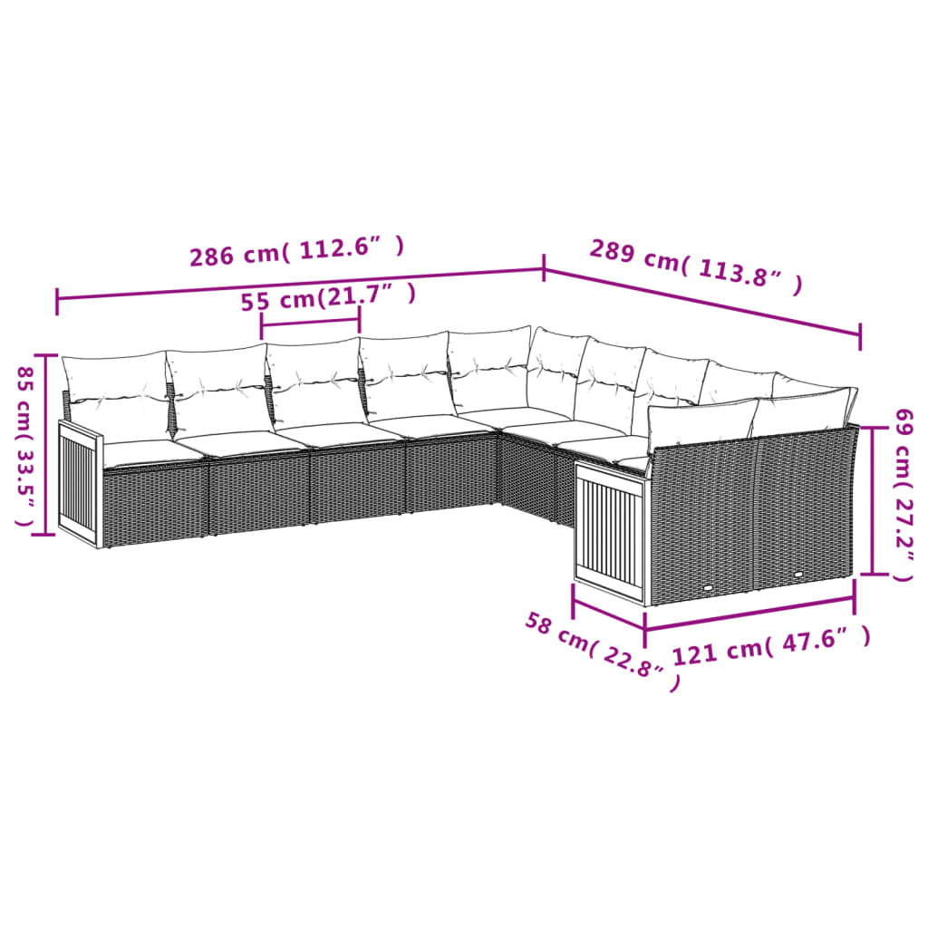vidaXL ensemble de 10 banques de jardin avec coussins en polyrotan noir