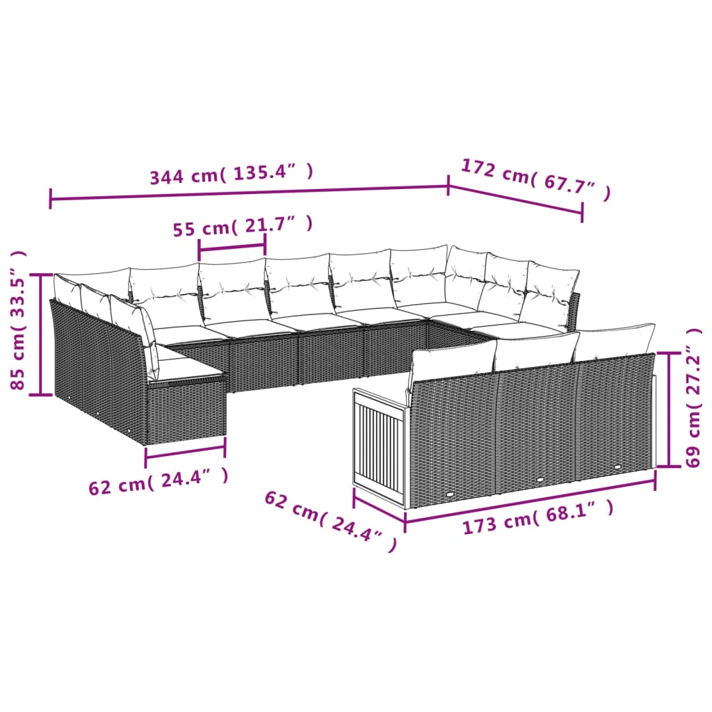 vidaXL 13-delige Loungeset met kussens poly rattan zwart