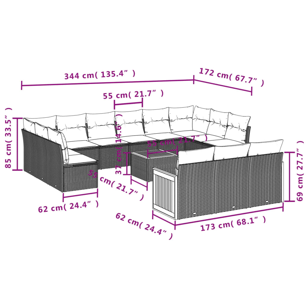 vidaXL Ensemble de 12 banques de jardin avec coussins en polyrotan noir