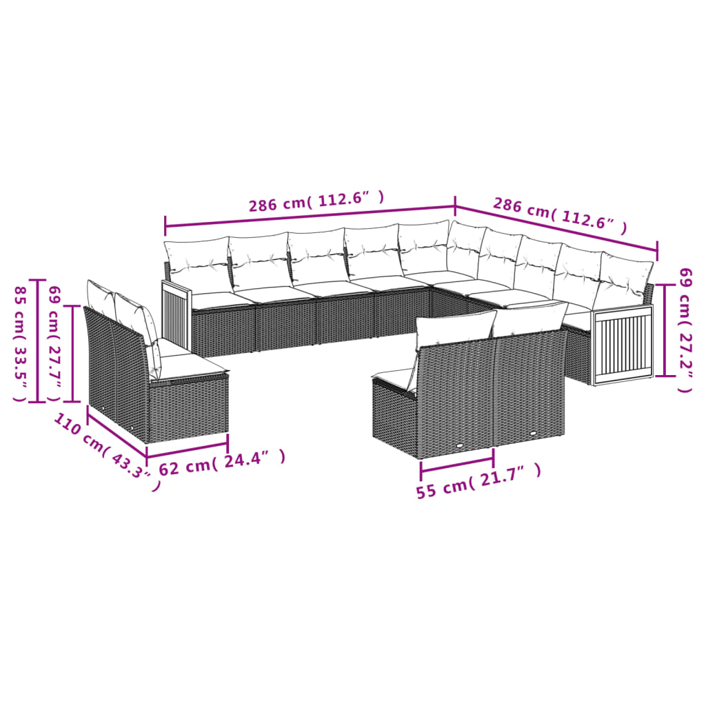 vidaXL 13-delige Loungeset met kussens poly rattan zwart