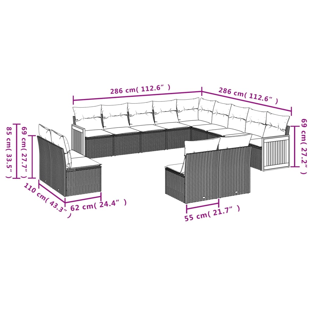 vidaXL Ensemble de 13 banques de jardin avec coussins en polyrotan noir