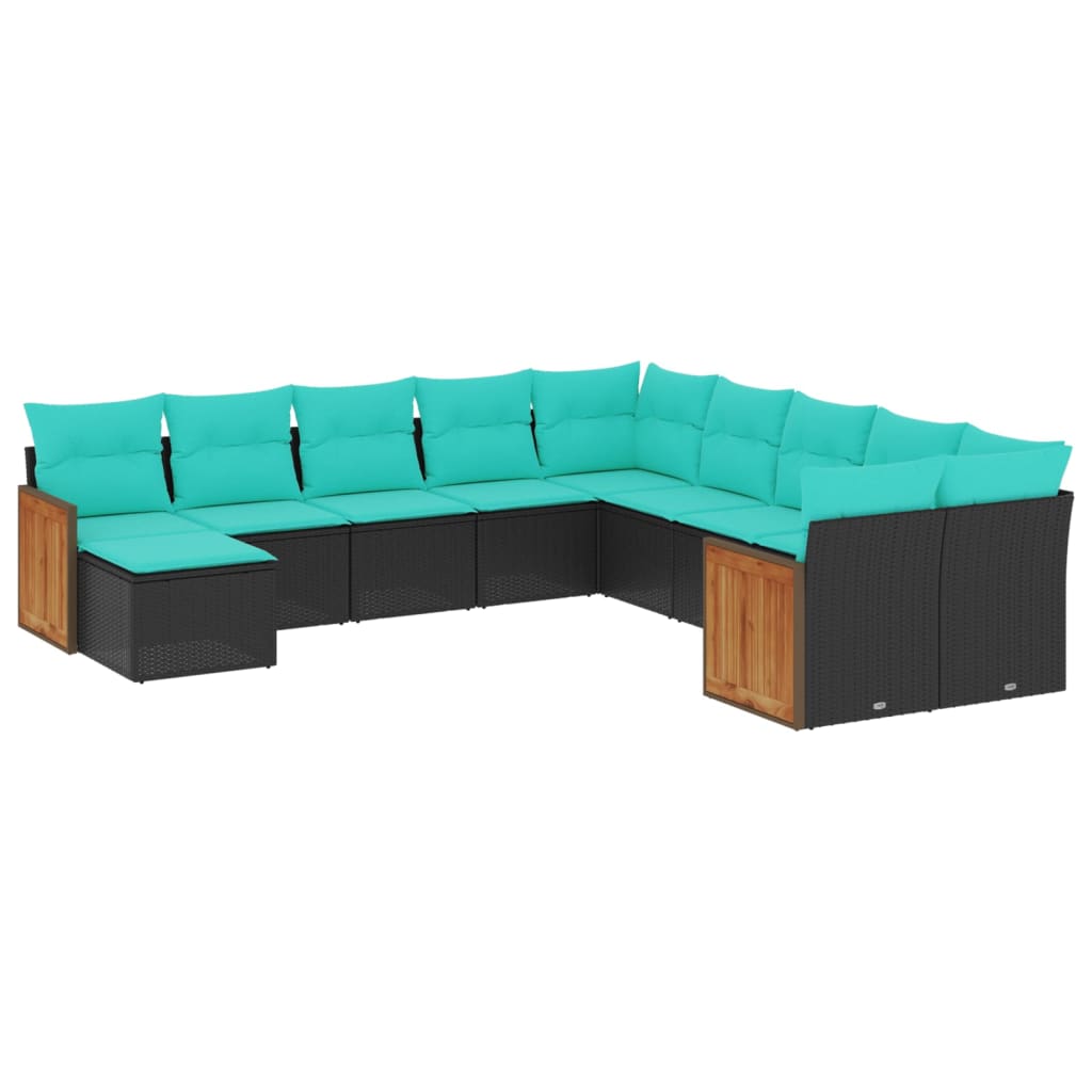 vidaXL 11-ensemble de banque de jardin avec coussins, noir polyrotan