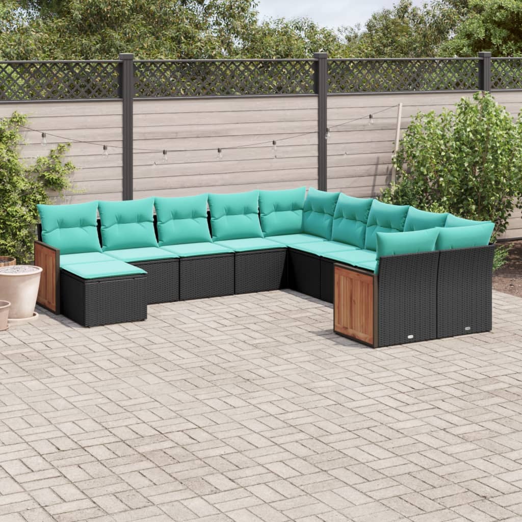 vidaXL 11-ensemble de banque de jardin avec coussins, noir polyrotan