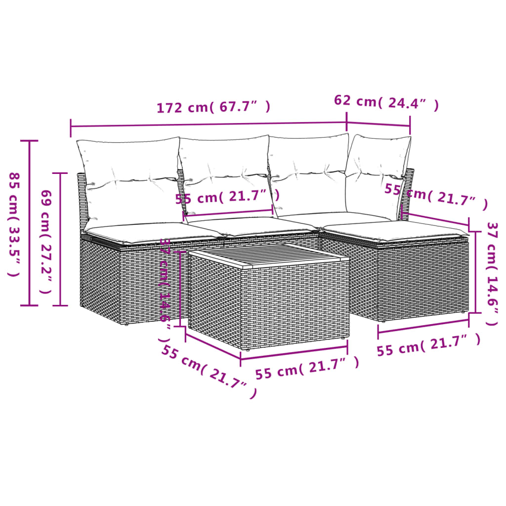 vidaXL 5-delige Loungeset met kussens poly rattan zwart