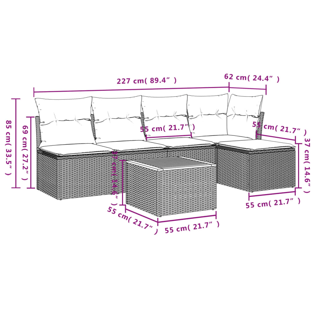 vidaXL 6-delige Loungeset met kussens poly rattan zwart