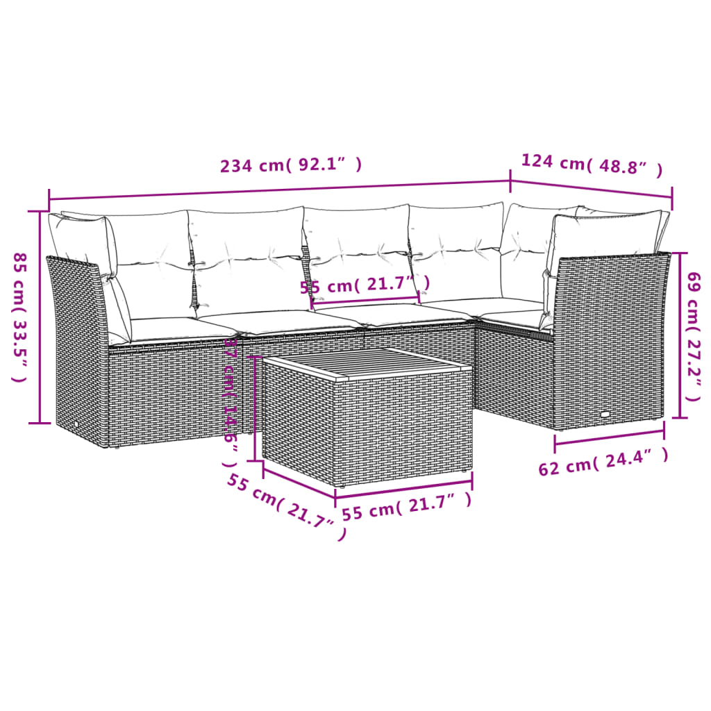 vidaXL 6-delige Loungeset met kussens poly rattan zwart