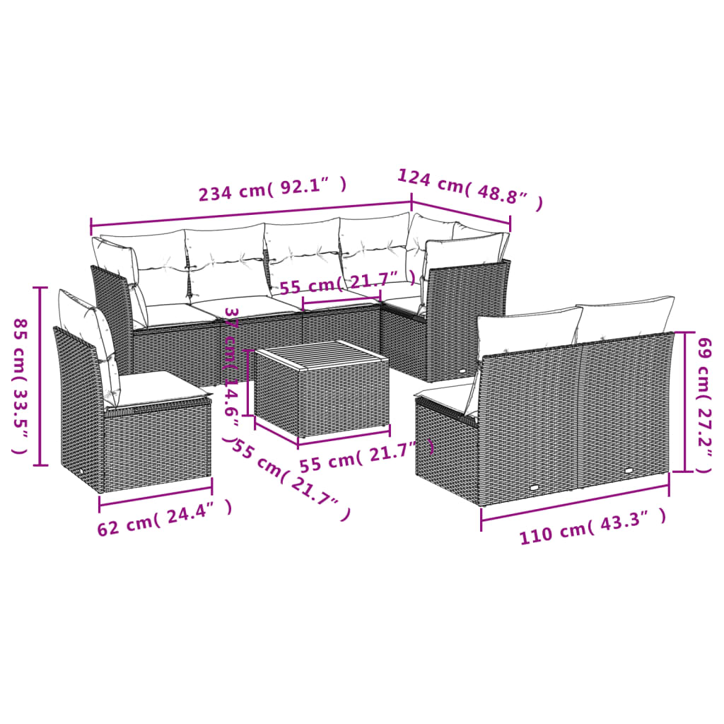 vidaXL 9-delige Loungeset met kussens poly rattan zwart