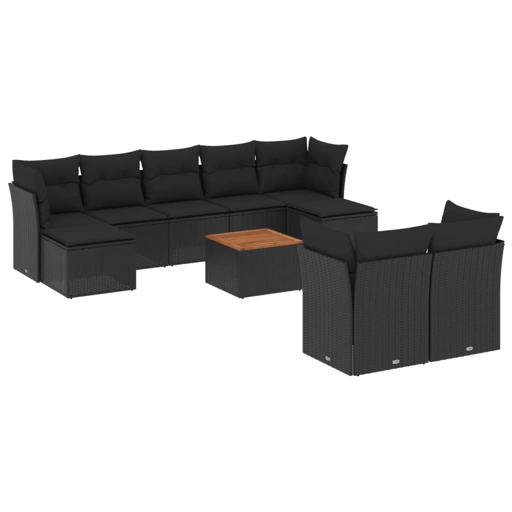vidaXL 10-delige Loungeset met kussens poly rattan zwart