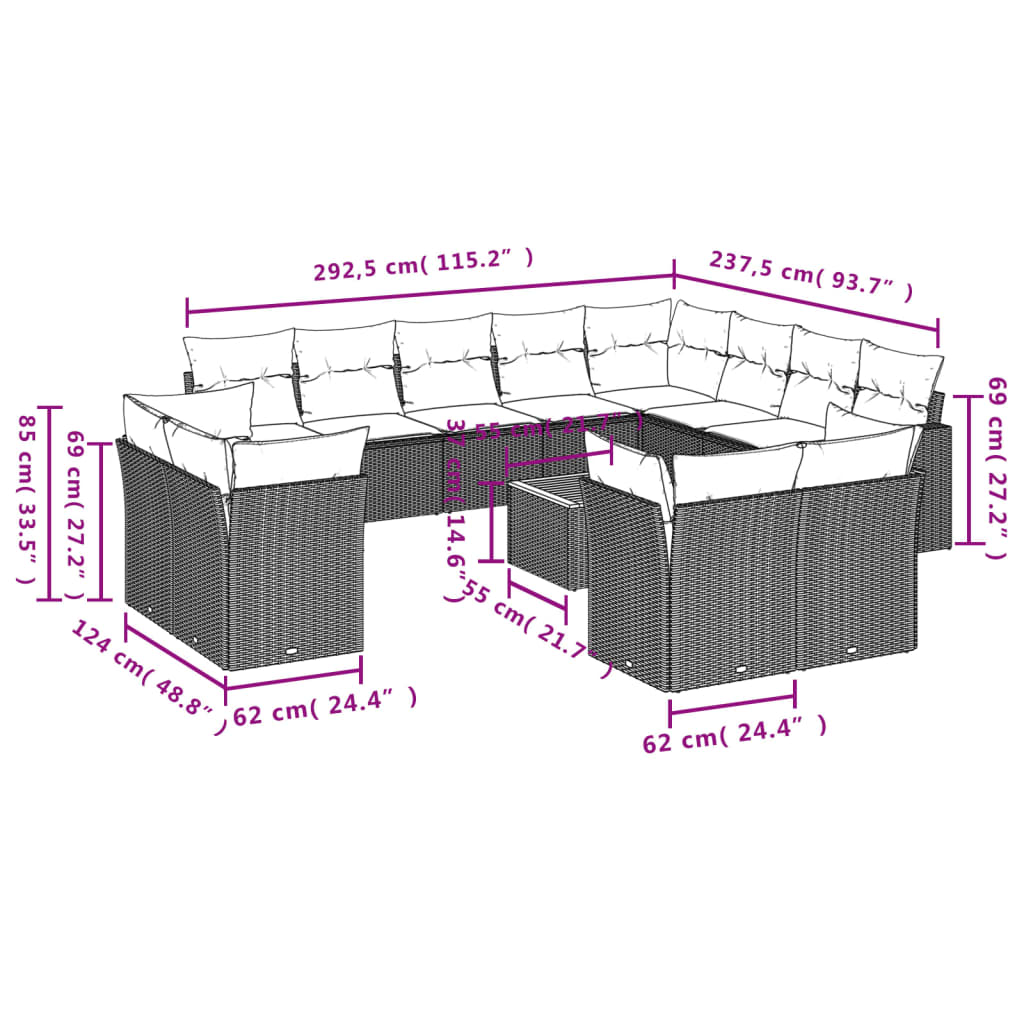 vidaXL 13-delige Loungeset met kussens poly rattan zwart