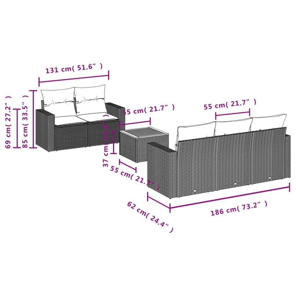 vidaXL 6-delige Loungeset met kussens poly rattan zwart