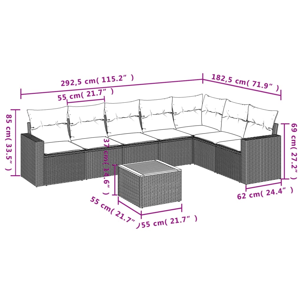 vidaXL 8-delige Loungeset met kussens poly rattan zwart