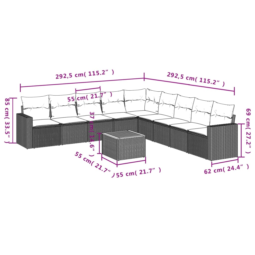 vidaXL 10-delige Loungeset met kussens poly rattan zwart