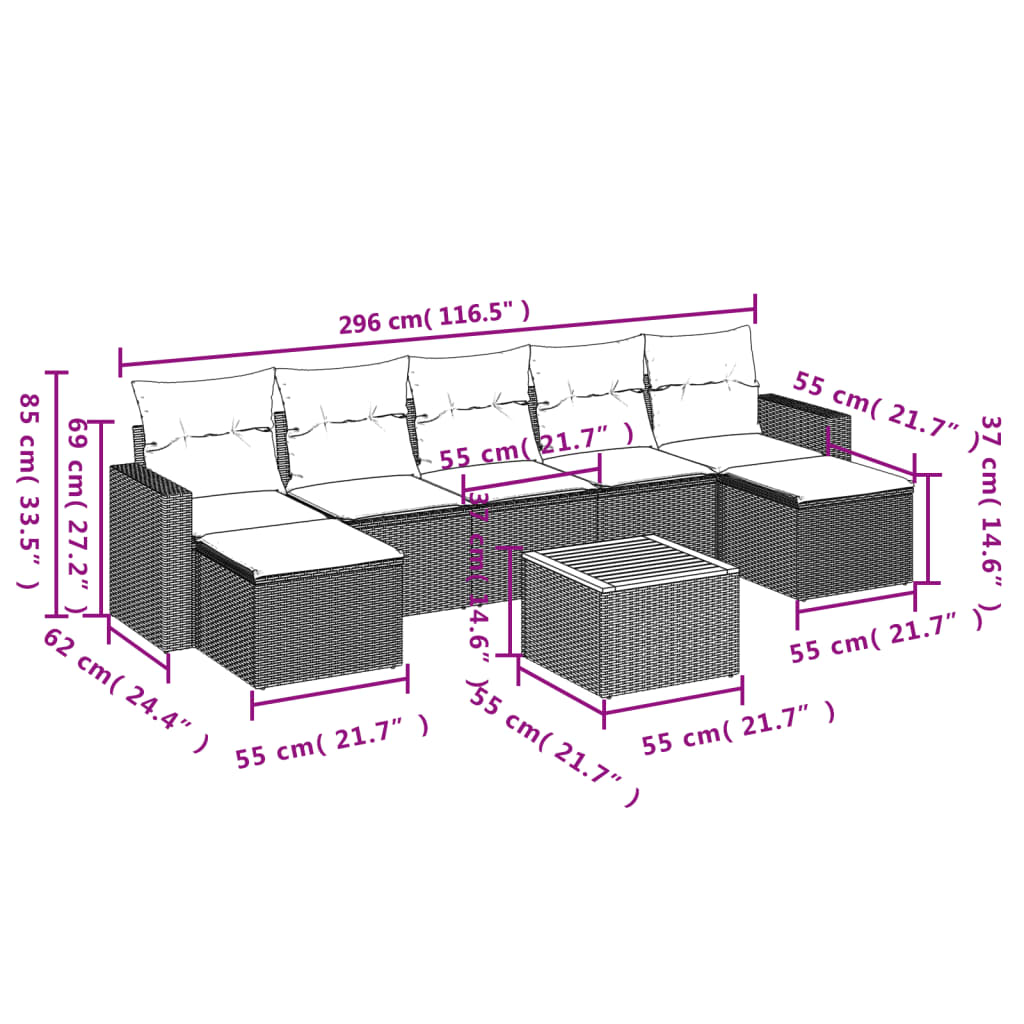 vidaXL 8-delige Loungeset met kussens poly rattan zwart