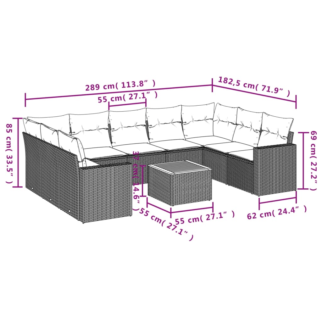 vidaXL 10-delige Loungeset met kussens poly rattan zwart