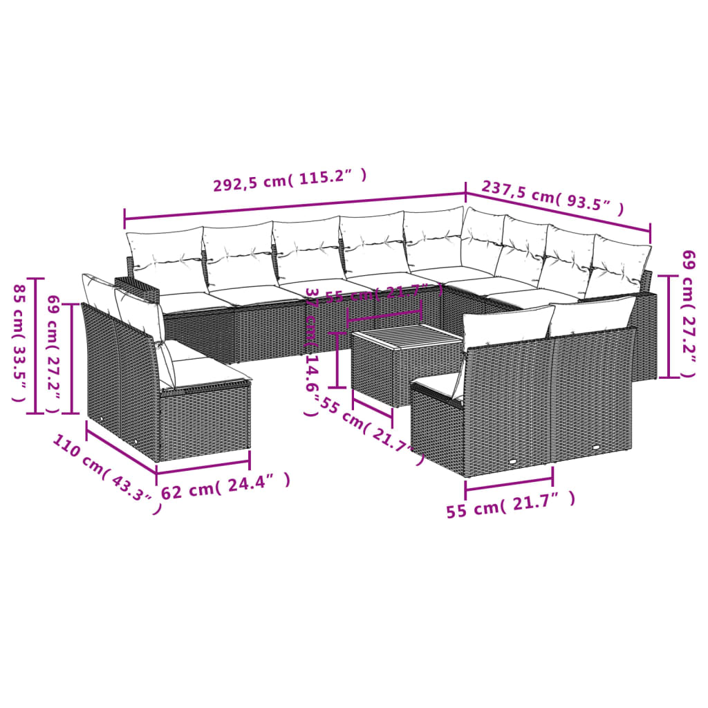 vidaXL 13-delige Loungeset met kussens poly rattan zwart