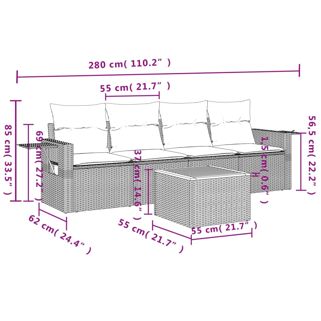 vidaXL 5-delige Loungeset met kussens poly rattan zwart