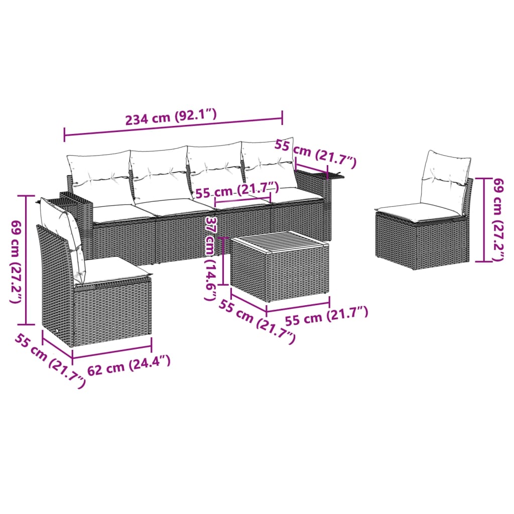 vidaXL 7-Piece Lounge Set with Cushions Poly Rattan Black