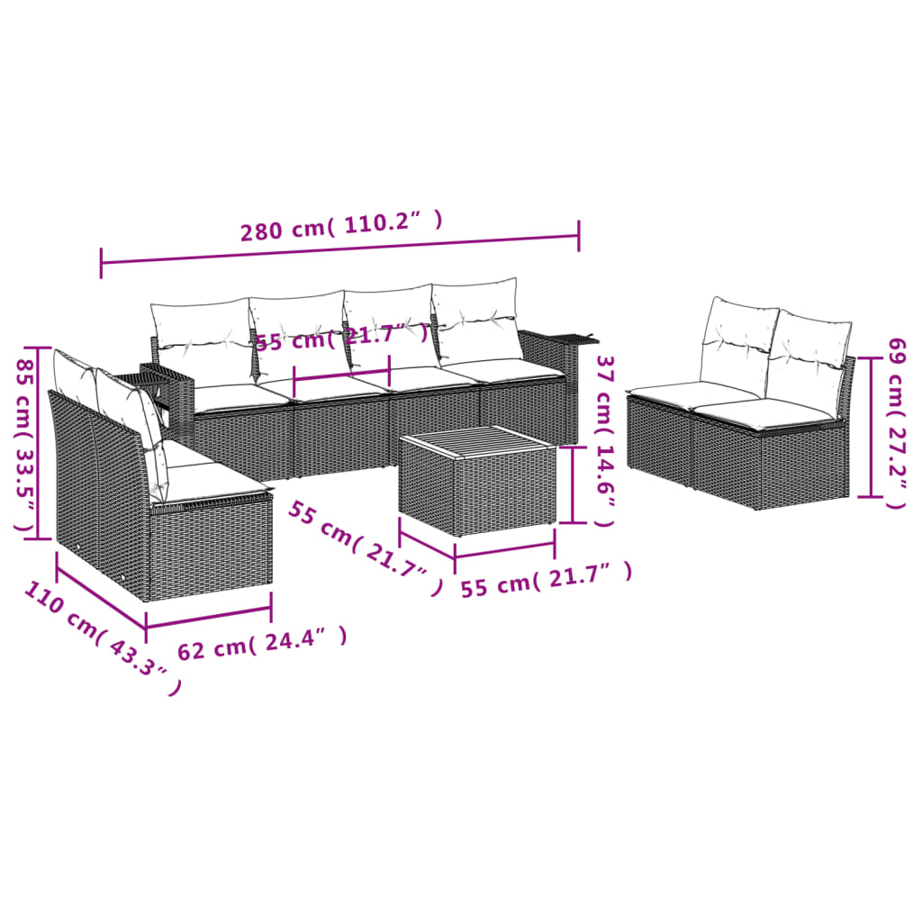 vidaXL 9-delige Loungeset met kussens poly rattan zwart