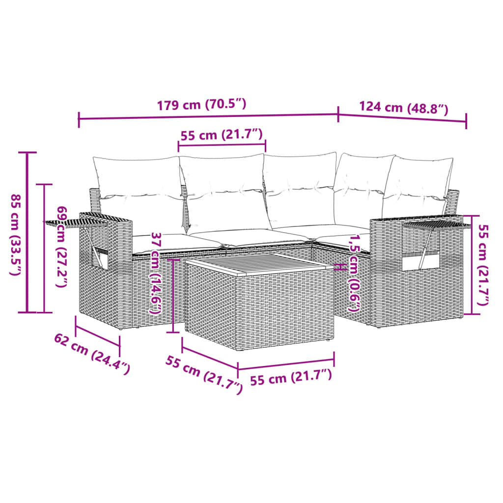 vidaXL 5-delige Loungeset met kussens poly rattan zwart