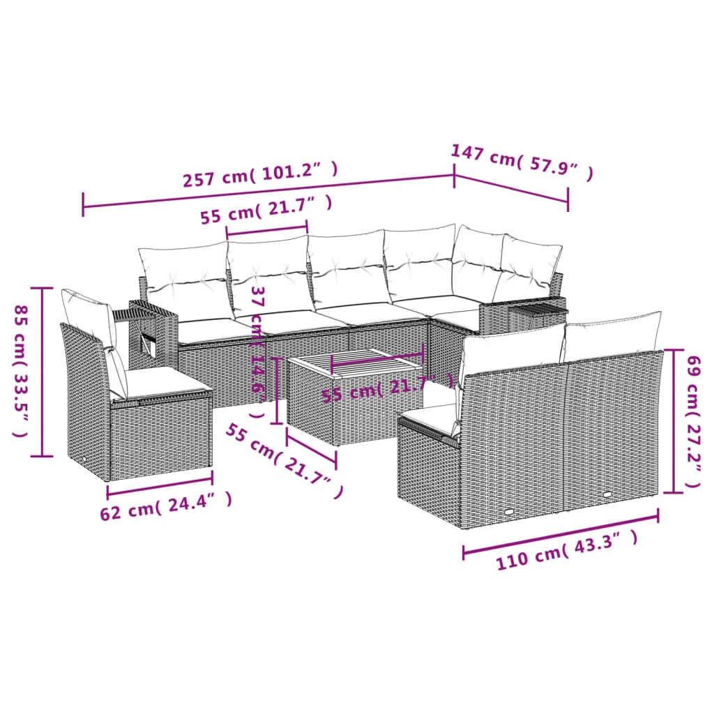 vidaXL 9-delige Loungeset met kussens poly rattan zwart