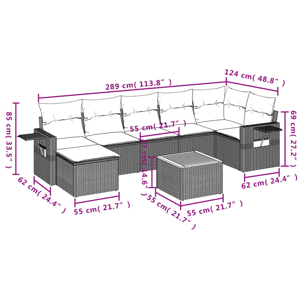 vidaXL 8-delige Loungeset met kussens poly rattan zwart