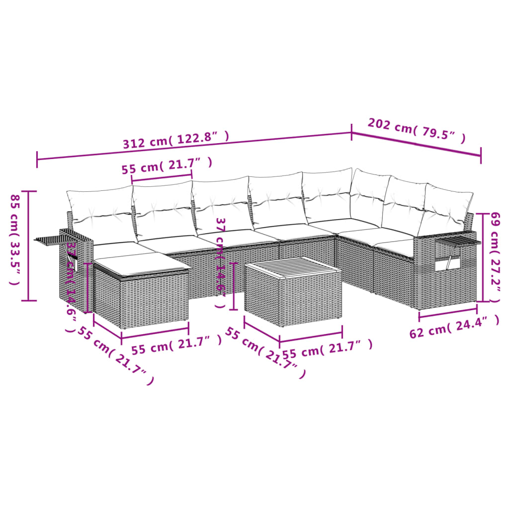 vidaXL 9-piece Poly Rattan Lounge Set with Cushions Black