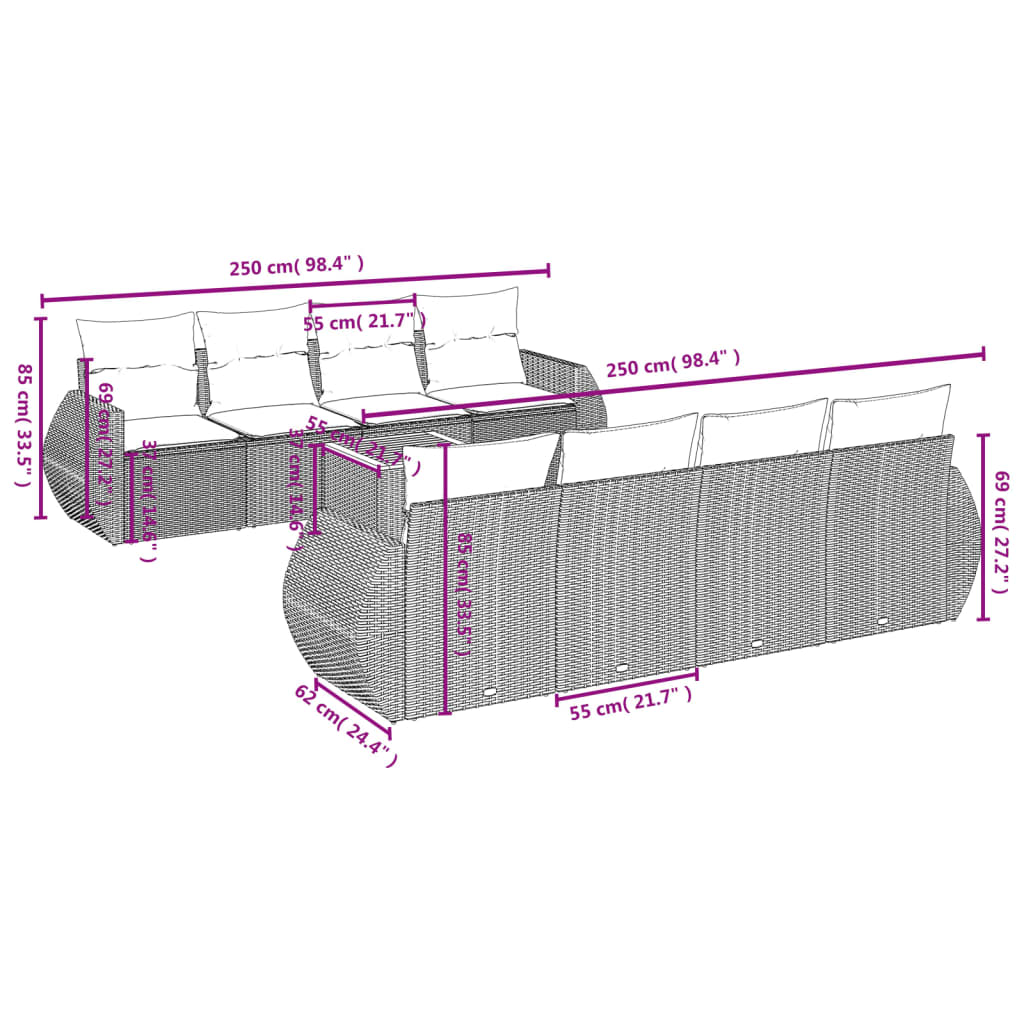 vidaXL 9-delige Loungeset met kussens poly rattan zwart