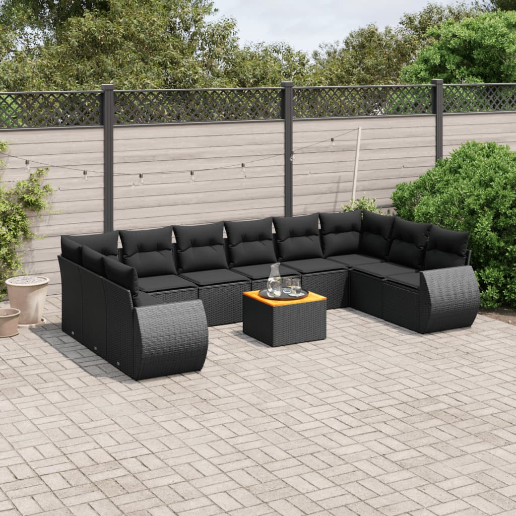 vidaXL 11-Piece Lounge Set with Cushions Poly Rattan Black