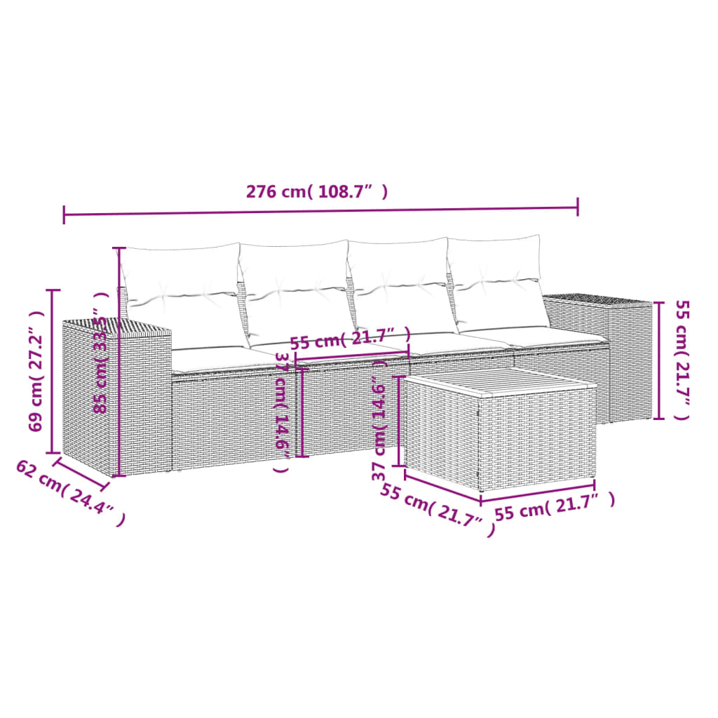 vidaXL 5-delige Loungeset met kussens poly rattan zwart