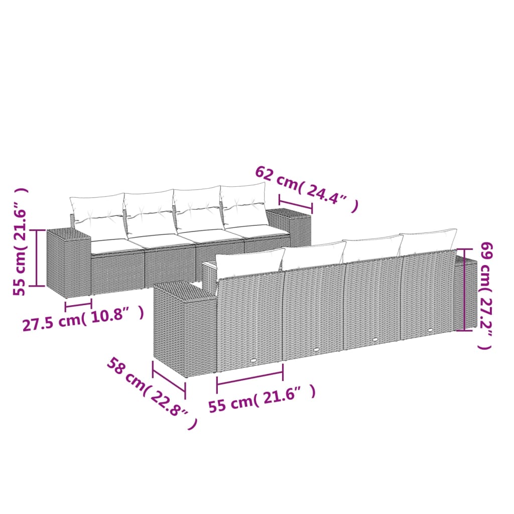 vidaXL 9-delige Loungeset met kussens poly rattan zwart
