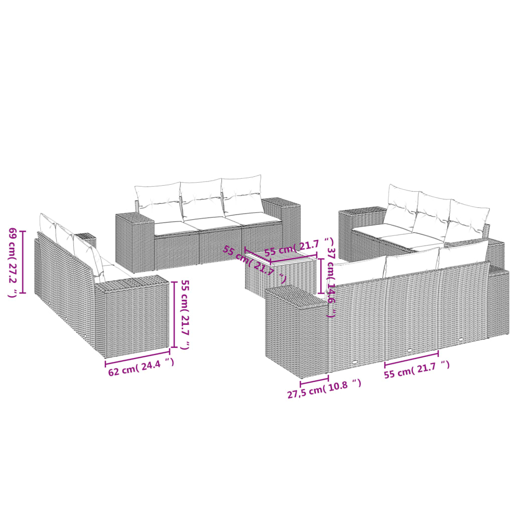 vidaXL 13-delige Loungeset met kussens poly rattan zwart