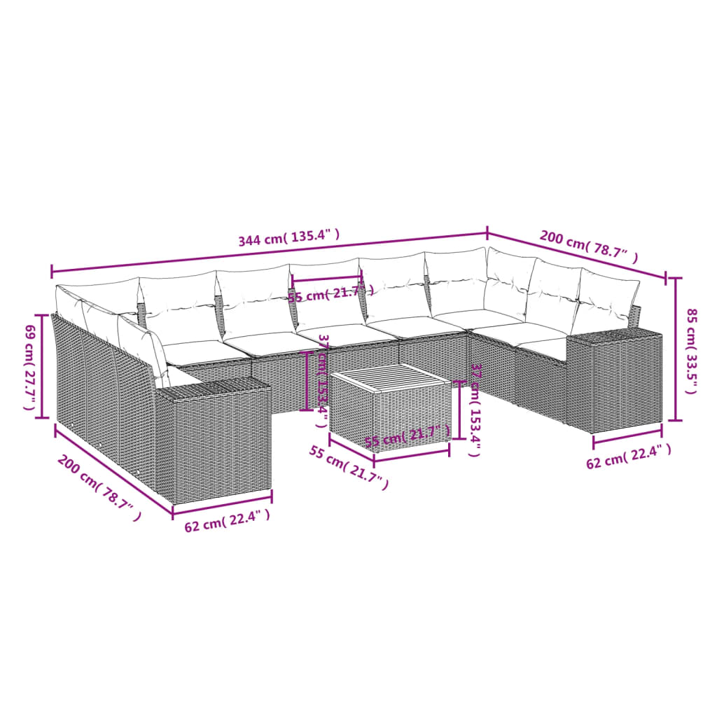vidaXL 11-Piece Lounge Set with Cushions Poly Rattan Black