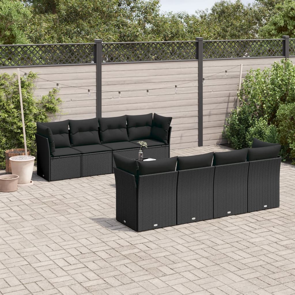 vidaXL 9-piece Poly Rattan Lounge Set with Cushions Black
