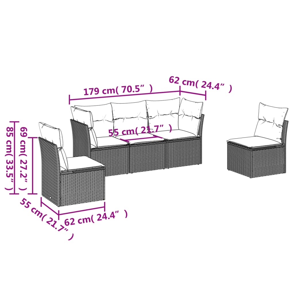 vidaXL 5-piece Lounge Set with Cushions Poly Rattan Black