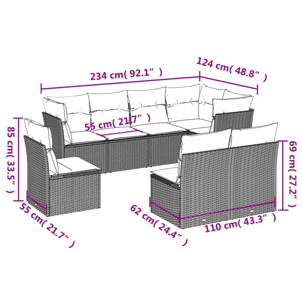 vidaXL 8-piece Lounge Set with Cushions Poly Rattan Black