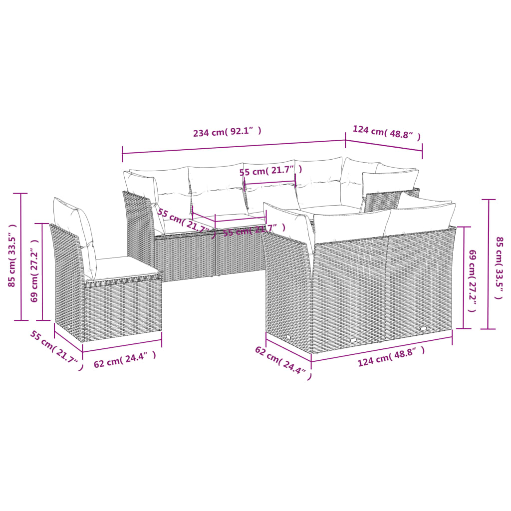 vidaXL 8-delige Loungeset met kussens poly rattan zwart