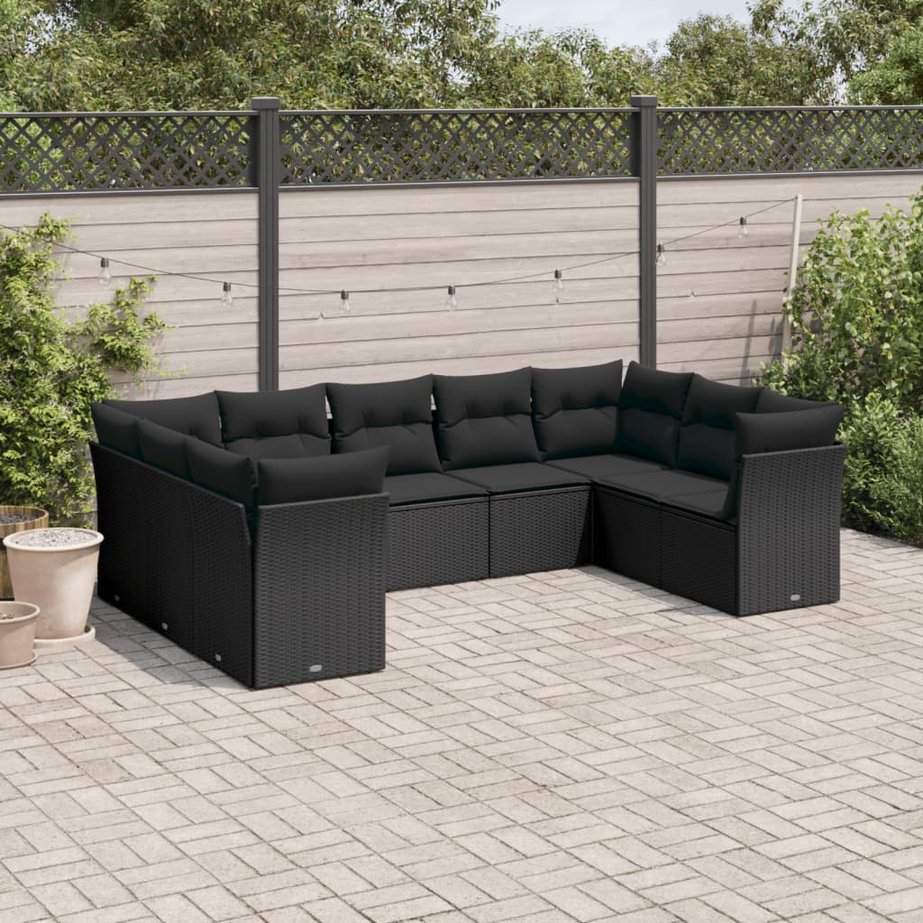 vidaXL 9-delige Loungeset met kussens poly rattan zwart
