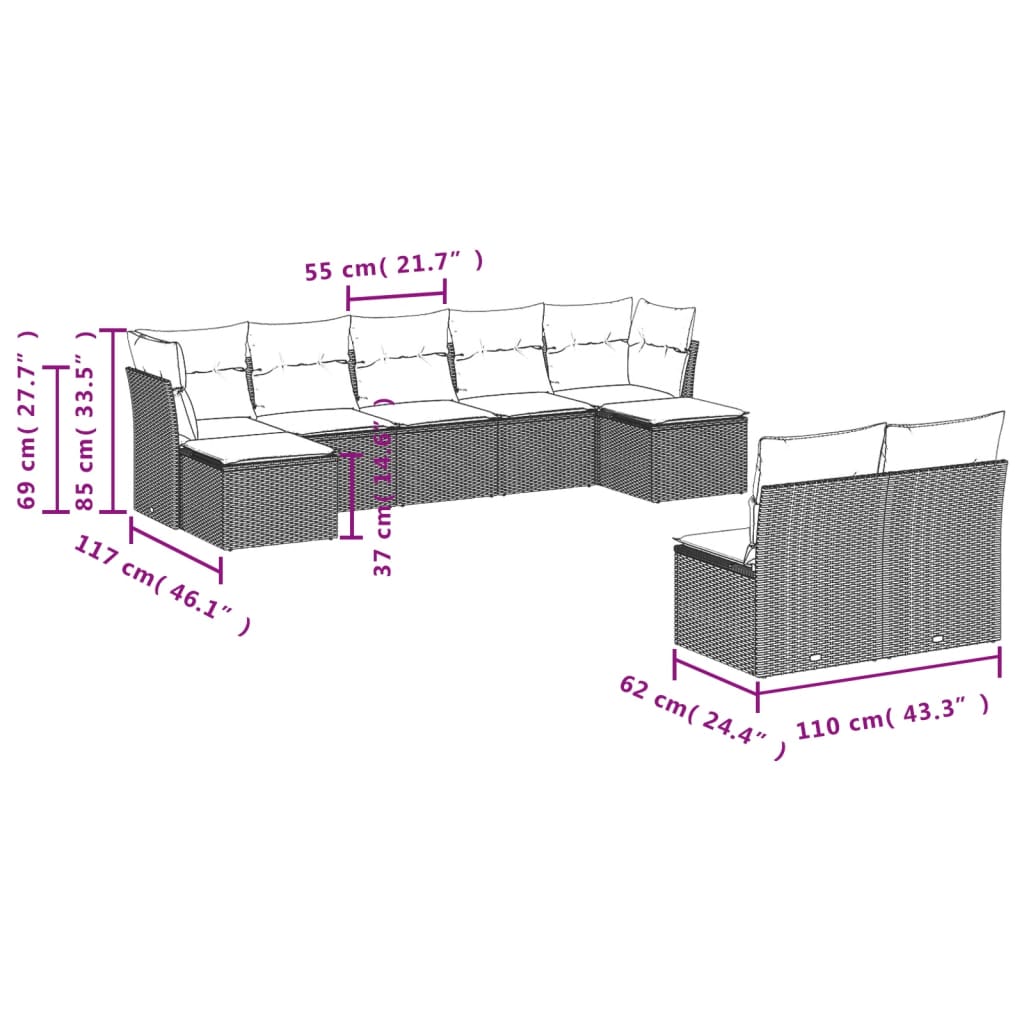 vidaXL 9-delige Loungeset met kussens poly rattan zwart