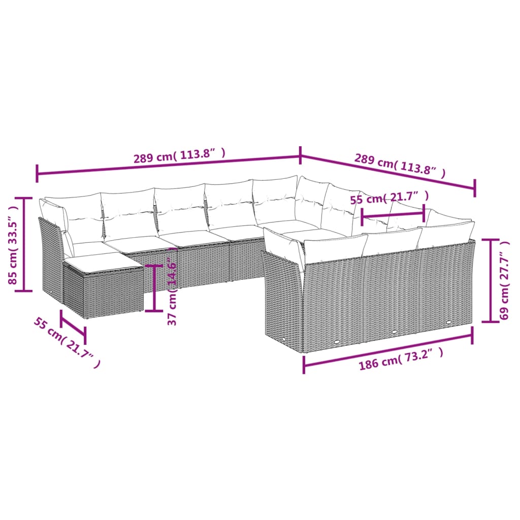vidaXL 12-delige Loungeset met kussens poly rattan zwart